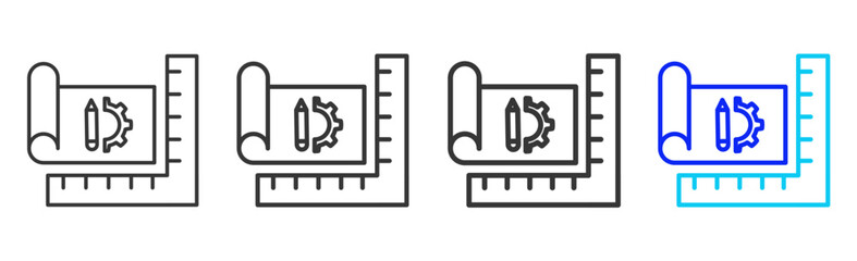 Facility Layout Icon Set Collection in Creative Outline Style for Industrial Engineering Business Featuring Multiple Thickness Variations and Modern Vector Design