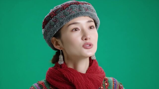 A Portrait of Serenity: a woman draped in warm attire and serene expression, a portrait of quiet dignity and gentle charm.