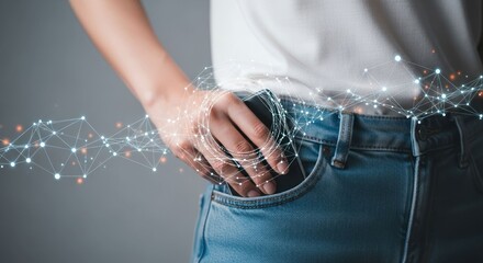 Pocket data Woman's hand in jeans pocket, tech overlay