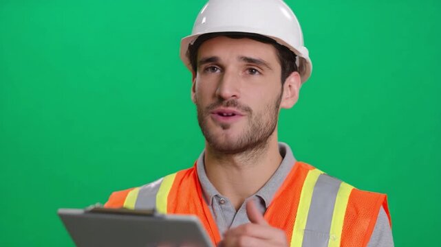 Confident Engineer with Clipboard: An experienced engineer, clad in a safety vest and helmet, reviews a clipboard against a vibrant green backdrop, exuding professionalism and expertise.