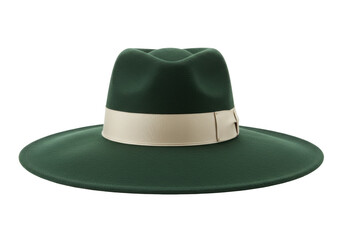Isolated green wide-brimmed felt hat with tan ribbon for ladies, fashionable headwear apparel