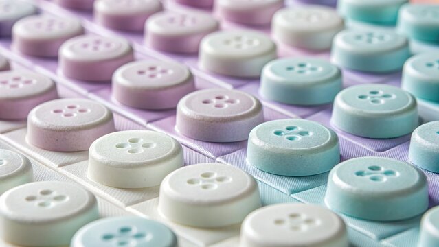 Close up of a pastel colored keyboard with round retro style keycaps in a grid pattern