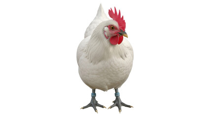 Isolated Leghorn hen, a common breed of domestic chicken with pure white plumage