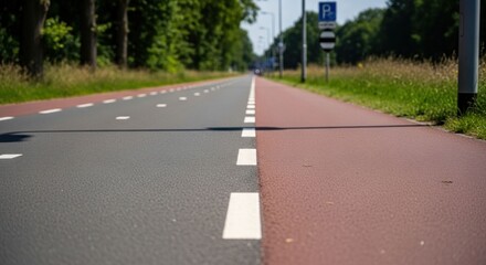 Naklejka premium Red/gray divided path, parallel to road, line of trees