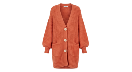 Isolated orange knit cardigan with pockets and round buttons, cozy outerwear, studio shot