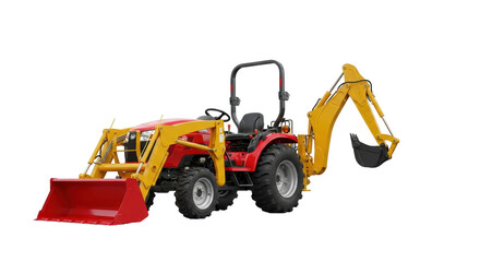 Isolated utility tractor with backhoe attachment for landscaping, construction work equipment