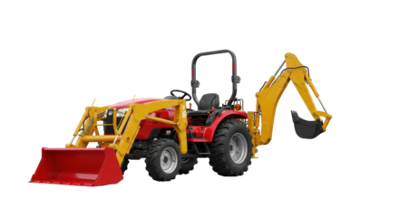 Isolated utility tractor with backhoe attachment for landscaping, construction work equipment