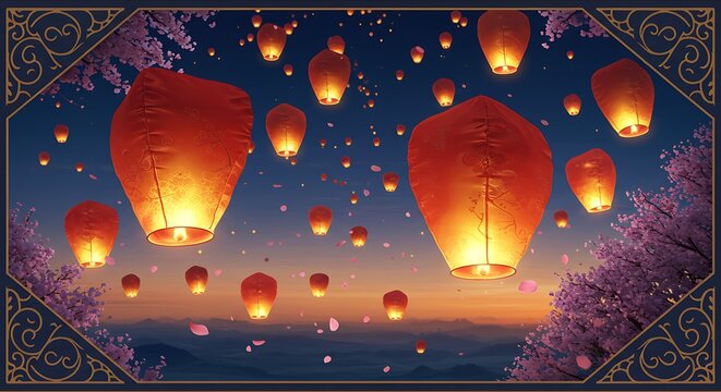 Floating lanterns illuminate night sky above mountains and blossoming trees - Powered by Adobe