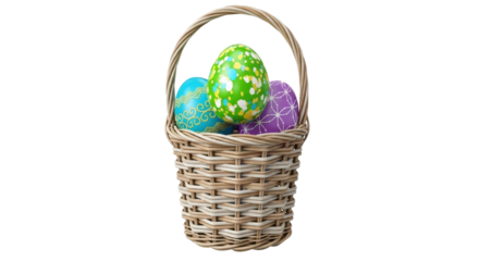 Isolated Easter basket with three eggs, spring holiday celebration, decorative and festive