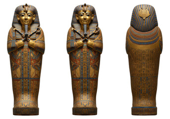 Isolated Ancient Egyptian Sarcophagi, gilded and decorated with royal symbols and hieroglyphs