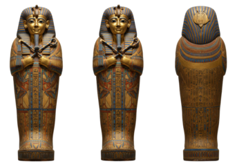 Isolated Ancient Egyptian Sarcophagi, gilded and decorated with royal symbols and hieroglyphs