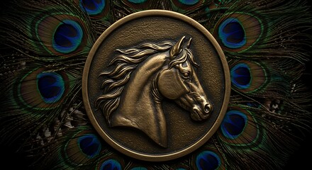 Elegant bronze horse head medallion with peacock feather background