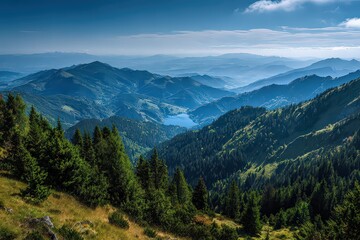 Fototapeta premium Panoramic View of Lush Green Mountain Range and Valley with Lake Under Soft Sunlight