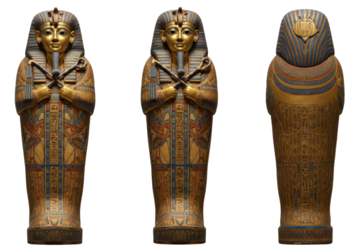 Isolated Ancient Egyptian Sarcophagi, gilded and decorated with royal symbols and hieroglyphs