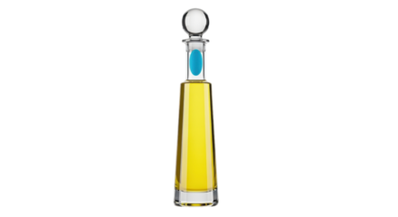 Isolated, tall glass bottle of premium liquor with a decorative stopper, no reflections
