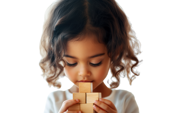 Child Playing with Wooden Blocks on Transparent Background