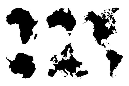 Continent Map Icons. Solid, filled icon set of continent maps: Africa outline, Asia outline, Europe outline, North America outline