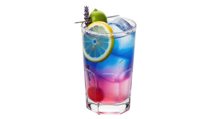 Isolated colorful summer cocktail in glass with lemon, lime and cherry garnish on top