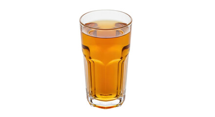 Isolated glass filled with amber liquid drink, light refraction, refreshment on the table