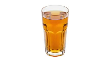Isolated glass filled with amber liquid drink, light refraction, refreshment on the table