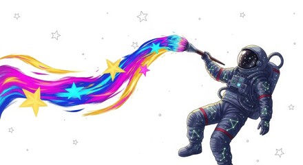 Astronaut painting the cosmos with a colorful brush, creating a vibrant trail of stars.