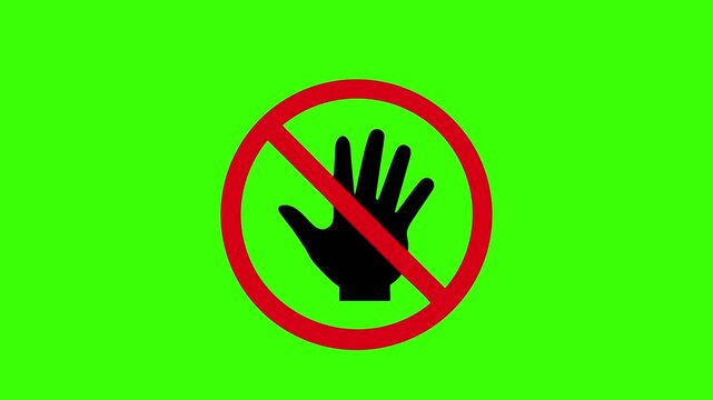 a flat-style vector icon of a black human hand inside a red prohibition circle with a diagonal slash, no background, using only black and red colors.