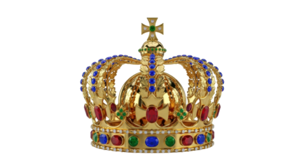 Isolated British crown with jewels, gold, a cross at the top for coronation in monarchy