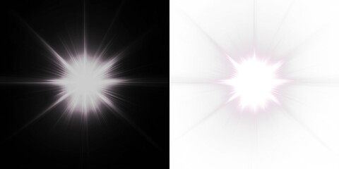Radiant starburst light effect with rays and flares on a transparent background, suitable for photo overlays or graphic design elements.