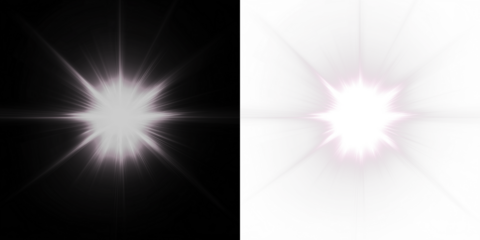 Radiant starburst light effect with rays and flares on a transparent background, suitable for photo overlays or graphic design elements.