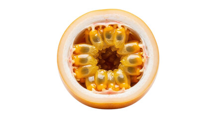 Isolated Yellow Passion Fruit Half Slice, Tropical Exotic Fruit Pulp, Vegetarian, Healthy Food