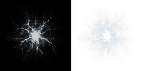 A dynamic electric energy burst illustration with lightning effects, perfect for a PNG overlay on transparent backgrounds.