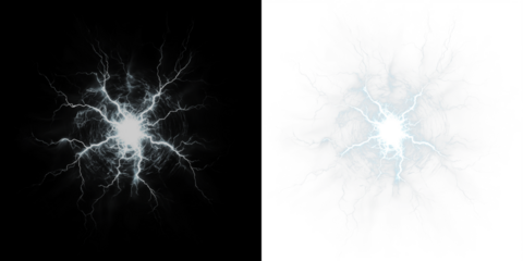 A dynamic electric energy burst illustration with lightning effects, perfect for a PNG overlay on transparent backgrounds.