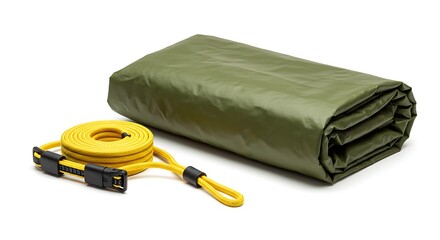 Folded olive green tarp and yellow rope with black connectors isolated