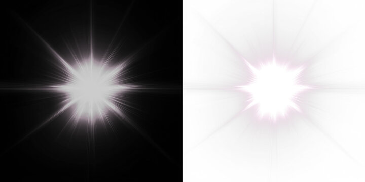 Radiant starburst light effect with rays and flares on a transparent background, suitable for photo overlays or graphic design elements.