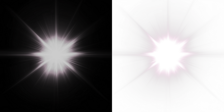 Radiant starburst light effect with rays and flares on a transparent background, suitable for photo overlays or graphic design elements.