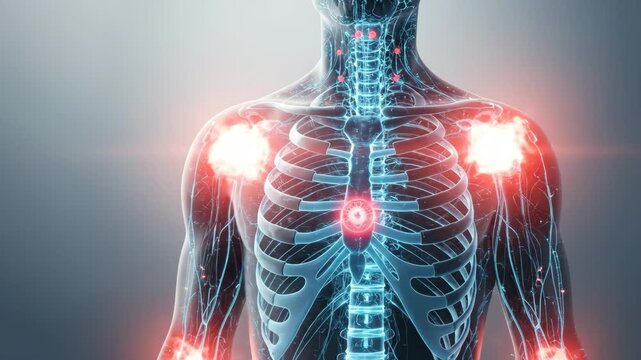 human body with visible bionic skeleton and glowing nervous system. red spots highlight joint pain. futuristic healthcare technology. medical scan, science banner, copyspace.