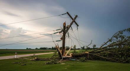 Storm damage broken pole, fallen tree, cloudy sky