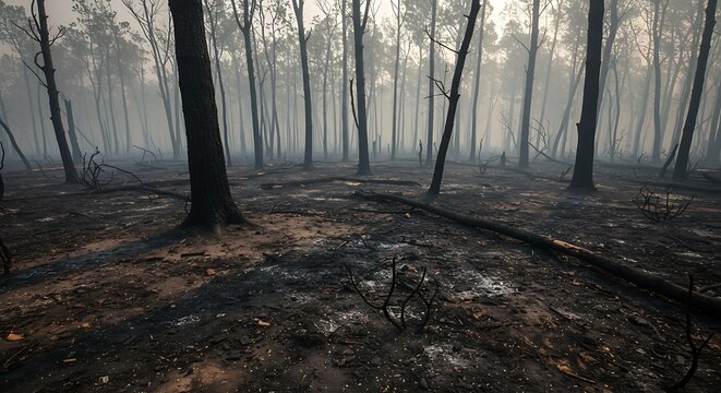 Forest landscape after a fire with charred trees and smoke filled air - Powered by Adobe