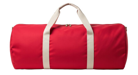 Isolated red duffel bag with light beige handles is perfect for travel and sports use © Aline