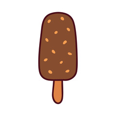 A classic ice cream bar on a stick, covered in a rich chocolate glaze with nut sprinkles. This frozen dessert is a popular and convenient treat, evoking feelings of summer and simple pleasures.