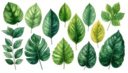 Variety of Green Leaves on White Background