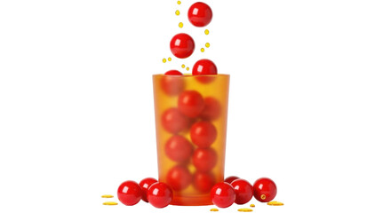 Isolated orange prescription pill bottle filled with red pills, medicine, healthcare, health