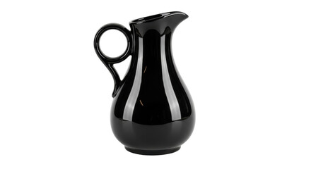 Isolated black ceramic pitcher with curved spout, vintage table serving vessel, elegant look