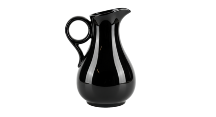 Isolated black ceramic pitcher with curved spout, vintage table serving vessel, elegant look