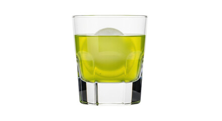 Isolated glass shot of alcoholic beverage with ice sphere, a green cocktail drink close-up