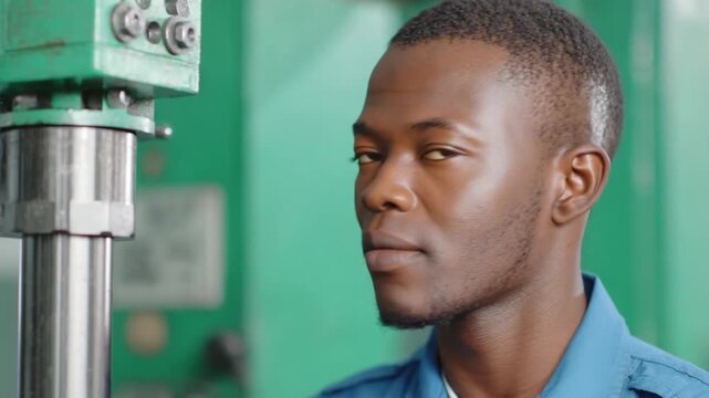 Portrait of a Craftsman: A focused individual in the factory, his gaze intense. In a workshop environment, with industrial machinery subtly framing the scene.