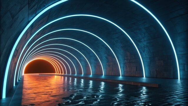 Futuristic neon tunnel with glowing arches reflecting on a wet floor