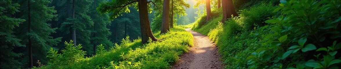 Obraz premium Winding Mountain Trail Sunlight Dapples Lush Forest Path, Perfect for Adventurous Exploration and Discovering Natures Serenity. A Rocky, Leaf-Strewn Trail Beckons.