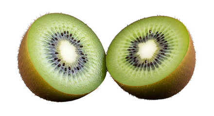 Fototapeta premium Two juicy halves of ripe kiwi fruit displayed on transparent background
