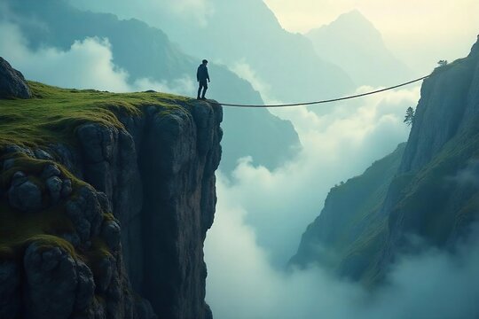 Fototapeta Lone Figure Conquers Misty Chasm Rope Bridge Achieving Goals Despite Fear and Obstacles